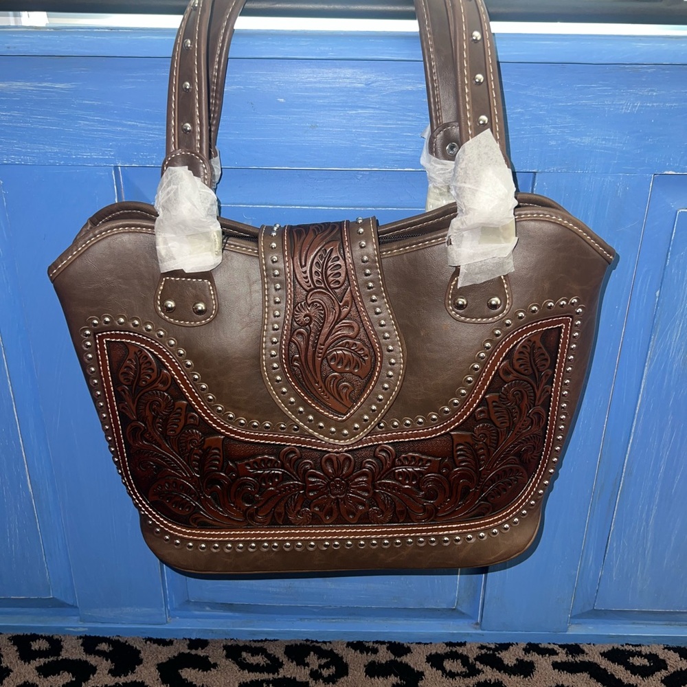 Montana West Brown Embossed Floral Tote with Stud Accents